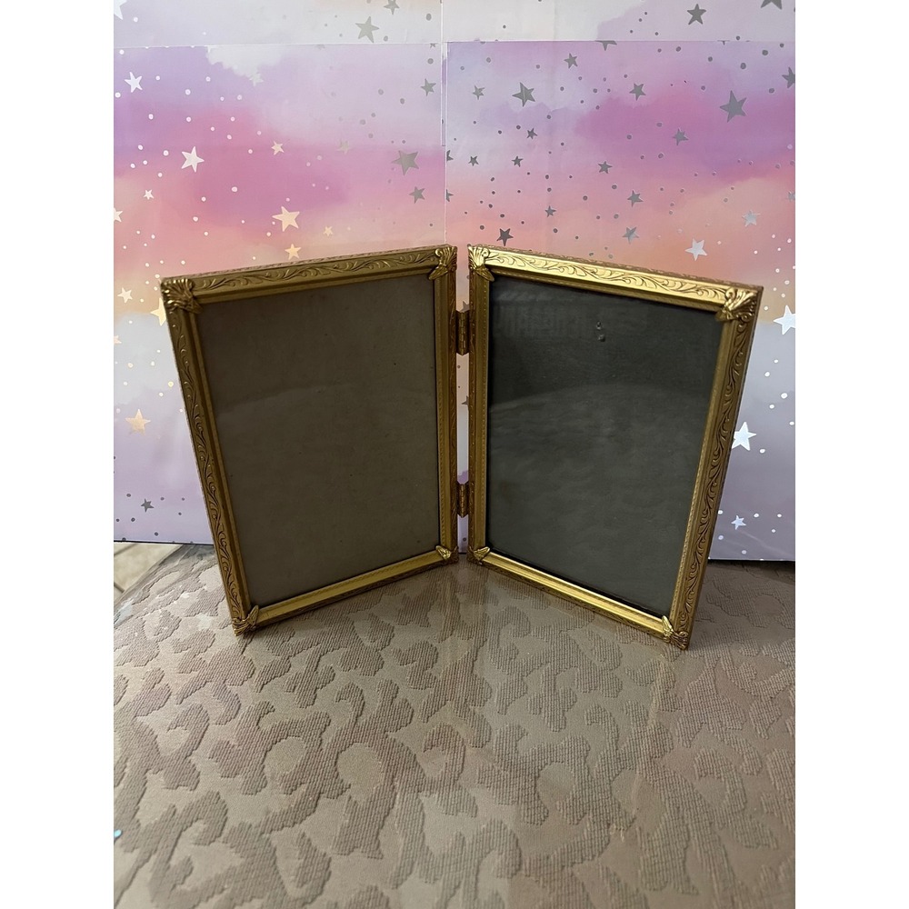 Vintage Gold Metal Double Picture Frame Folding Diptych Embossed Floral 5x7